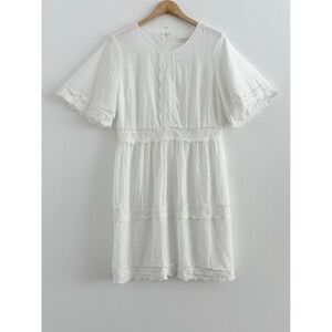 Pando Grove White Flutter Sleeve Crinkle Crochet Boho Cottagecore Midi Dress L